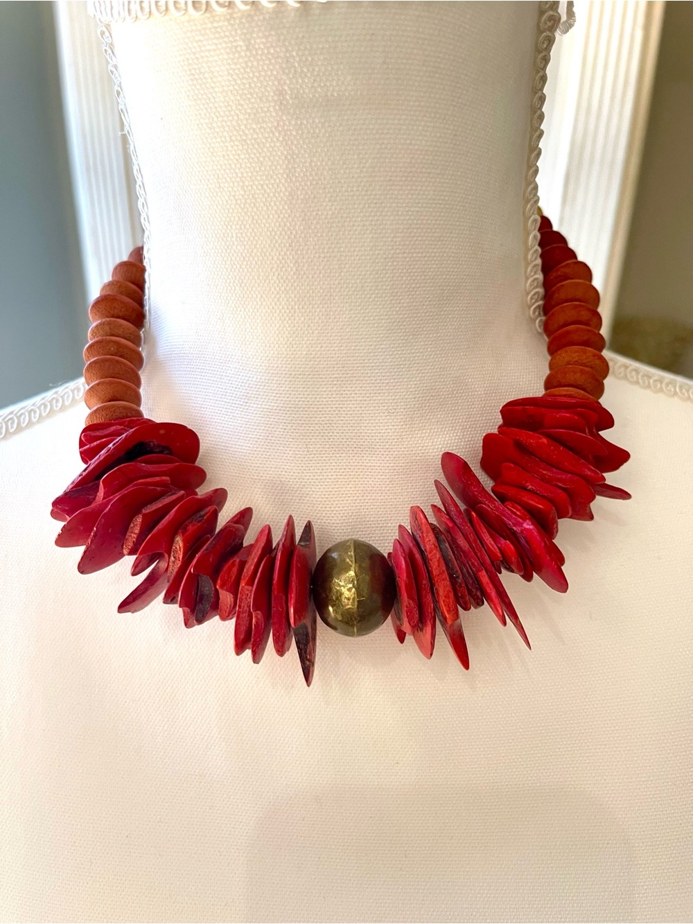 Bold Red Statement Necklace with Brass Accent - Women Jewelry